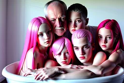 digital art of beautiful young pink hair teenage girls with dad in the bedroom in a bathtub with grandpa hugging bare lips