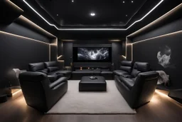 a black themed dedicated home cinema room with LED ambient lighting in the walls make sure the room is completely symmetrical