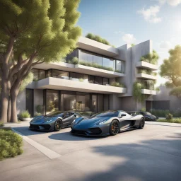 Modern apartment on the outskirts of a metropolitan city, with 2 supercars in the garage, with a beautiful background of the city, there are several trees next to it, it has a very strong impression, 3d rendering