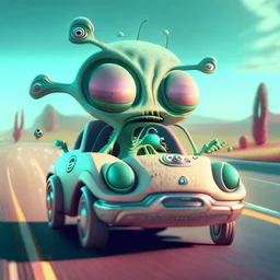 a cartoon alien driving a car down a road, a character portrait by Mike Winkelmann, featured on cgsociety, pop surrealism, rendered in cinema4d, daz3d, behance hd