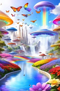 Brillants colors, very beautiful, flowers garden,rainbow, cité très futuriste ultra moderne, ufos rainbow, ufos fleet, intergalactic, birds, butterfly, cascades, waterfalls