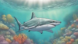 comic style, realistic coloring, underwater, coral reef, shark