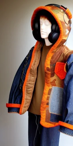 Brunette she. average body type. big head. Mantle is sewed of upcycled Denim and sewed together of camouflage pieces. Pieces' color are orange,terracotta, cream and purple. It is with big bright purple felt tippet and cream-colored-hood. mantle is merged with satchel. . Big AKG-style headphones (gold rings!) is merged with small felt cap with small visor. Style: Haute Couture in 1910's, Paris fashion in 2030, inspired by street art. Cream latex gaiter. Her head and rest body!