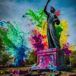 A magnificent statue covered in colourful paint splaters, majestic, highly intricate gigantic derelict statue, Realistic photography, incredibly detailed, ultra high resolution, 8k, complex 3d render, cinema 4d.