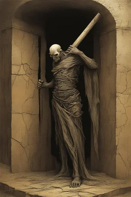 The full body of a man holding a bat , coming out a broken wall, decayed and rotting with grotesque proportions and imagery. surreal horror, biomechanical design, by hr giger and beksinski