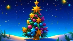 fantasy cartoon illustration: a golden star on top of the tall Christmas tree, decorated wit blue, red and purple Christmass balls, in the snow