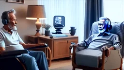 man sitting in his lazy boy chair at home argues with his AI clone that is in a different location over the phone