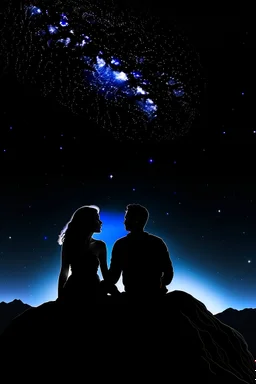 black background on a mountaintop with two silhouettes of a fit man and a silhouette of a fit woman sitting close to each other almost touching and looking at the stars