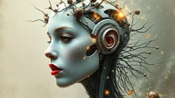 old worn paper, Ethereal bald white woman with thorns, thistles and plant roots on her head, human brains biomechanics cyberpunk style digital painting depicting a glowing woman with robotic features, combining human and artificial elements in a gripping sci-fi scene with intricate details and a cinematic atmosphere. Red lips, gold fragments, silver particles, wind, swirls, glare, glow from within, 8K, fine rendering, high detail, hyperrealism, high resolution, multi-layered, hyperdetail, hyperf