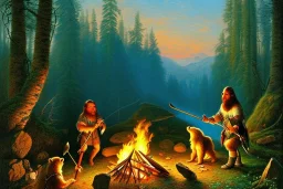 neanderthal holding a club, cave, bear, campfire, stone age, Impressionism, masterpiece, mellow, dawn,