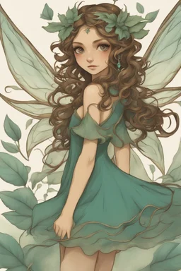 Forest fairy with iridesand teal wings and a cute short leaf dress and pointed ears and multiple vine earings and ear cuffs flying through a mythical forestand brown wavy hair