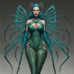 [photorealistic, greenish-blueish, half-woman] the Arachnomorph Queen, a monstrous hybrid that seemed to defy the laws of nature.Her upper torso was that of an elegant woman in revealing agent provocateur lace, but her lower body morphed seamlessly into a grotesque spider's abdomen. The eight spindly legs that supported her colossal form ended in razor-sharp pikes, glinting ominously in the dim light. The queen's eyes, like shards of obsidian, fixed upon the intruders with a malevolent intellige