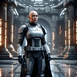 a bold and heroic bald male Corellian pilot in black and metallic grey First Order special forces gear meets a female Jedi Master in ancient, mystical temple, hyperdetailed, dynamic lighting, hyperdetailed background, 8k resolution, volumetric lighting, light skin, fully symmetric details