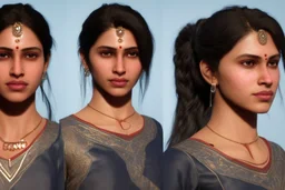 Indian Female character 19 years Proportions of the character the head-to-body ratio . Create a distinctive that helps the character stand out and be easily recognizable Design the character's face, including the shape of the head, eyes, eyebrows, nose, mouth, and ears. Consider the character's personality, age, and any unique that set them apart depth and visual interest. Front, Side, and Back Views: Provide multiple views of the character, including front, side, and back mode sheet