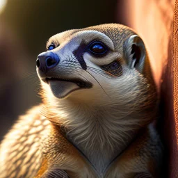 Suricataman, orejas de suricata, ojos de suricata, pelo de suricata, hiper realista, detalles intrincados, novedoso, cuerpo completo, cinematográfico, 4k