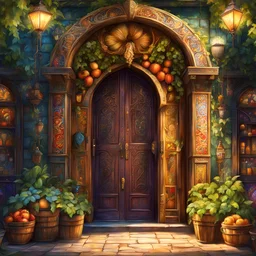 The entrance door to a magic market. Epic. Dramatic, highly detailed, digital painting, masterpiece