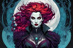 full color full body illustration of a surreal, ethereal, futuristic female vampire traveler, with highly detailed hair and facial features in the style of Sveta Dorosheva and Travis Charest, detailed and sharply defined line work and inking, vibrant natural color palette, 4k, on an ornate abstract background