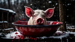 blood and a pig's head in blood in a large enameled bowl in the yard on the snow old, rural environment, winter, low light, dramatic atmosphere, high detailed, sharp focus, high realistic, perfect photo