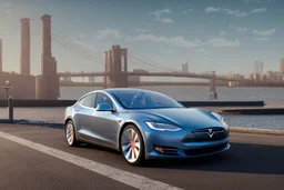 A Tesla 'Model S' is parked, near the 'Pier 11' in Manhattan. (CINEMATIC, WIDE ANGLE LENS, PHOTO REAL)