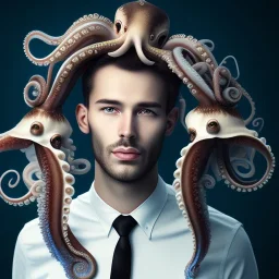 a masculine brunette gay austrian man with octopus plushie on head