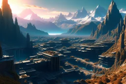 cyberpunk city, sunny day, valley, mountains, sci-fi, epic