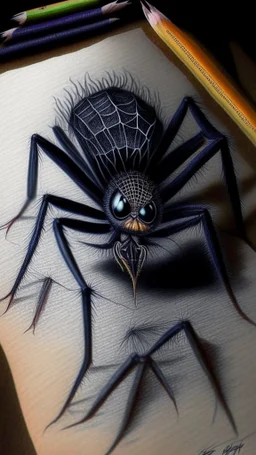 pencil drawing of a spider. Spooky, scary, halloween, colored pencils, realistic, black paper