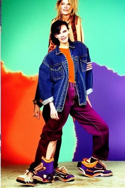 year 1996 denim fashion. Loose fit, low waist, baggy. Colors: denim blue, blue, purple, khaki, light green, lilac, plum, orange, terracotta, red, pink, dark blue, beige. Women models. Sharon Stone, Sandra Bullock, Winona Ryder, Milla Jovovich, Big tennis shoes on.