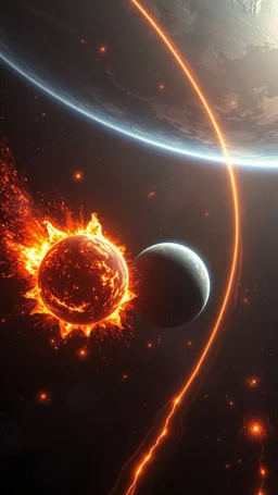 Two planets in the middle of fire explosion and curves of strange lights are surrounded the space. In the background