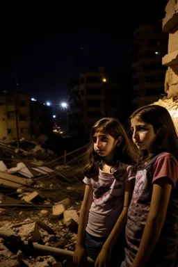 Palestinian girls , Destroyed Buildings , with a Explosions, at night