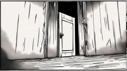 unhinged door, anime, monochrome, black background, ink, simple, maximum quality, broken hinge, barely functioning, why is it still being used it's a health hazard, centered on frame, far