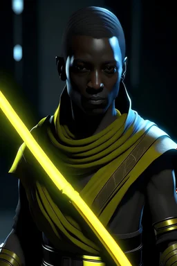 Black skinned Jedi sentinel with yellow lightsaber