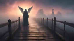 walking straight ahead over a wooden bridge, holding the angel of death with your right hand, entering the fog at the end of the road that leads to the afterlife, and a beautiful sunset and galaxy's behind the fog, realistic