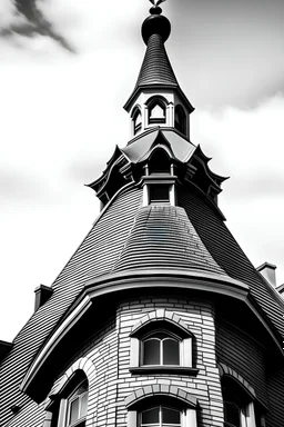 cone-shaped turret on top of an old heritage building in Gatineau Quebec, stylized, black and white, minimalist, fancy, classic, professional