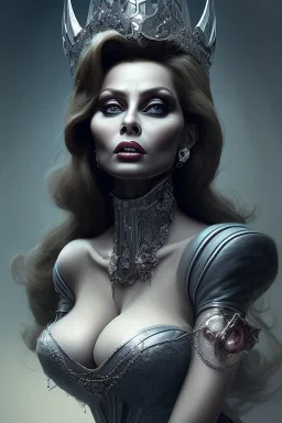 Sophia Loren as evil queen in black leather, cleavage, angry, stern look. character design by cory loftis, fenghua zhong, ryohei hase, ismail inceoglu and ruan jia. unreal engine 5, artistic lighting, highly detailed, photorealistic, fantasy