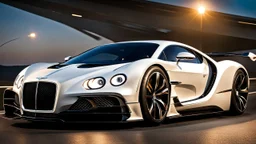 A sleek white shiny (((hypercar bentley))), its contours and details perfectly captured in a (((cinematic view))), zipping along a winding road under a beautiful blue black night sky