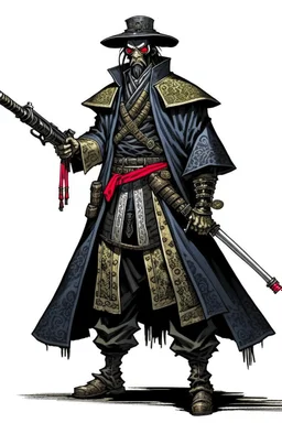 Gunslinger samurai, wearing a duster coat and mempo, with s cybernetic right arm