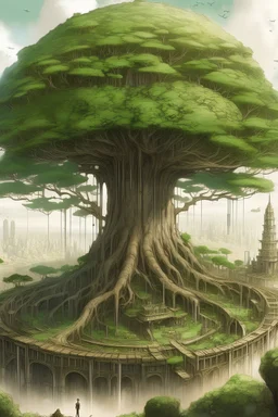 fantasy drawing of giant tree. Concept art. 1 km high. biggest tree in the world. mother of all trees. miniature city at its roots