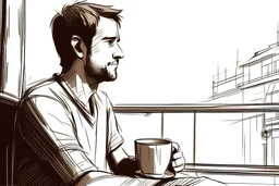 make a closeup sketch of a man sitting on the terrace enjoying coffee