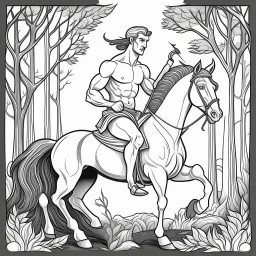 Centaur, in Greek mythology, a race of creatures, part horse and part man. Make black and white cute drawing of a centaur (part horse and part man) with black bold lines. Only outline, no grayscale. A centaur holding a bow and arrow in an enchanted forest.