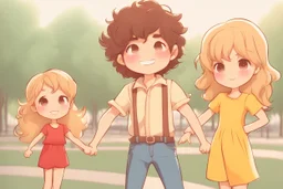 a cute chibi spanish man with short curly brown hair cropped at the back in yellow T-shirt and jeans with a cute chibi contented girl with long brown hair and brown eyes in a red elegant jumpsuit and red high heels, and a chibi girl with blonde brown hair in a beige dress dancing dynamically in Madrid in the Retino park, in the moonlight, ethereal, cinematic postprocessing, airplane in the sky