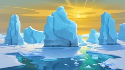 cartoon illustration: nature with icebergs and frozen sea, sun in the sky