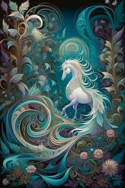 MAGIC surreal forest filled with delicate patterns and pearly glow Fantasy. Surrealism. Two wave spirals are intertwined against the background of the forest - satin emerald floral and purple - blue diamond. Delicate patterns and graceful curves fill the space. An opal Arabian steed with a magnificent mane stands in the center of the painting. Gold filigree complements the composition. A gentle glow emanates from pearls and rosehip buds, creating an atmosphere of mystery and mystery. Detailing