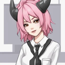 ROBLOX woman character pink hair with horns with white t-shirt and black tie