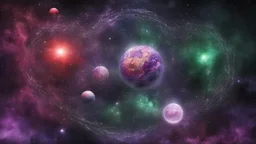 matrix universe, space, planets, god creation. purple, dark green and red,