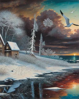 Richly textured Hieronymus Bosch, Catrin Welz-Stein, William Turner, Zdzisław Beksiński, Jacek Yerka oil on canvas zentangle line art style mix, surreal frosted fantasyland winter oceanscape, hoarfrost on trees, high grasses, snow and cottages, withered flowers, pale sunrise; paint splatter, beautiful vibrant colors, reflections, SK, flying seagulls, dramatic clouds, snowfall.