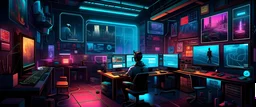 The poster showcases an editor's room in the heart of a cyberpunk metropolis. Picture a dark room illuminated by the vibrant glow of multiple computer screens. The editor, surrounded by a mix of traditional and futuristic editing equipment, faces three computers, seamlessly multitasking. On the wall, neon-lit Adobe Premiere and After Effects logos symbolize the industry-standard tools at your fingertips. The cityscape backdrop features towering skyscrapers and dazzling neon lights.