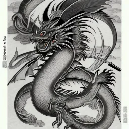 Ukiyo-e styled art, black and white dragon