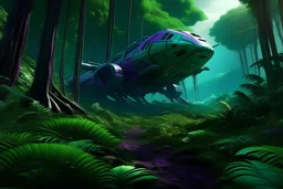 Vaisseau spatial qui atterrie sur une planète, hyper réaliste, détail complet et précis, jungle sauvage verte et mauve, photo d'un film d'action