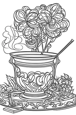 Outline art for coloring page, A LIT JOINT WITH WHISPS OF SMOKE NEXT TO A JAPANESE CHAWAN TEACUP, coloring page, white background, Sketch style, only use outline, clean line art, white background, no shadows, no shading, no color, clear