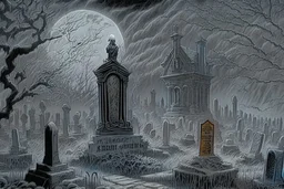 Cemetery with a ghostly figure looming over the scene, hauntingly beautiful, intricately detailed, monochromatic color scheme, dark and ominous